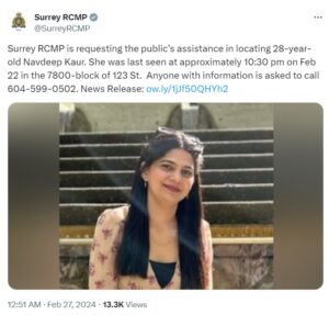 Punjabi girl missing from Canada, Canadian police appeals on social media to find her
